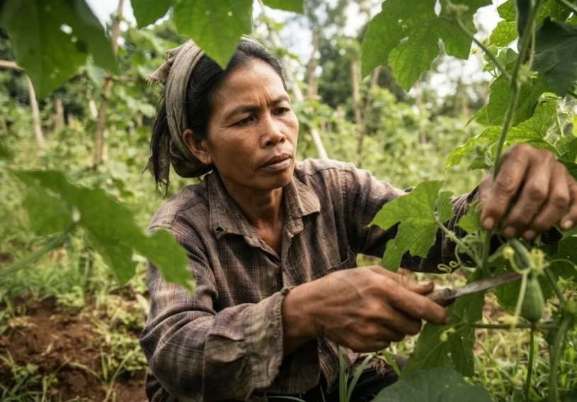 A farmer getting her harvest.