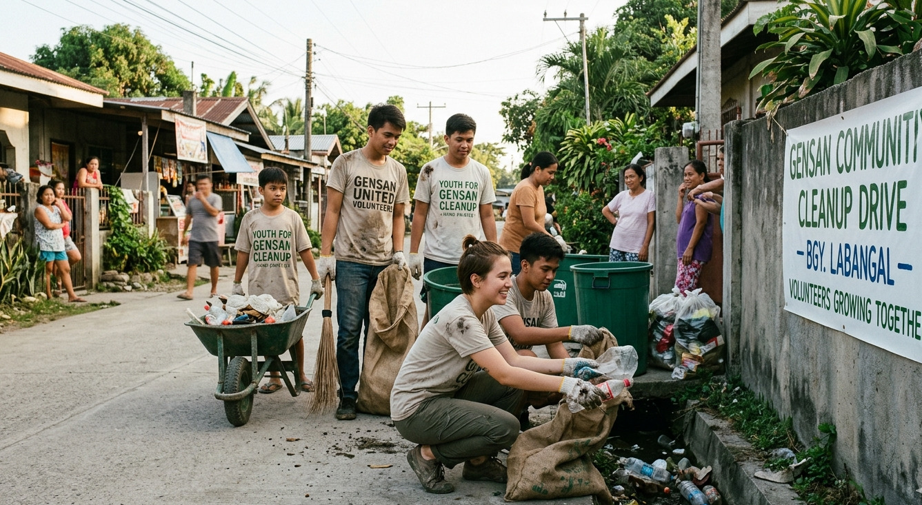 Young local volunteers working together during a community neighborhood clean-up drive in Barangay Labangal, General Santos City.