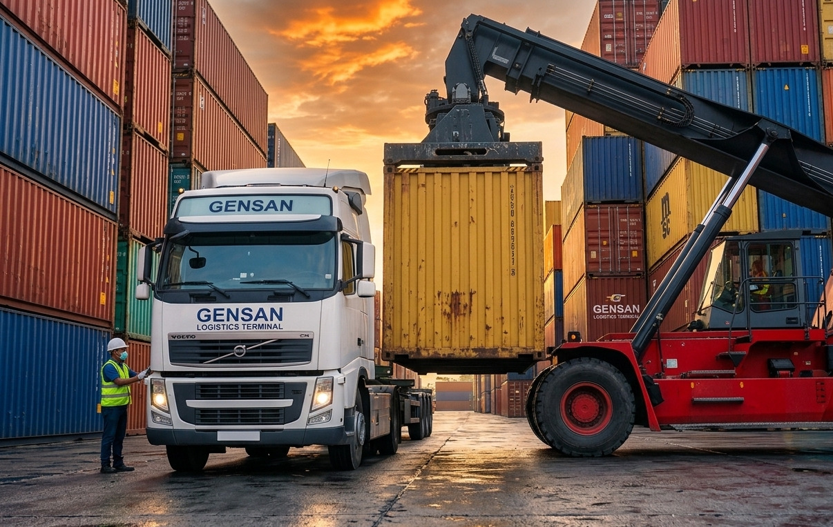 A heavy-duty reach stacker loads a shipping container onto a truck at a busy General Santos logistics hub during sunset.
