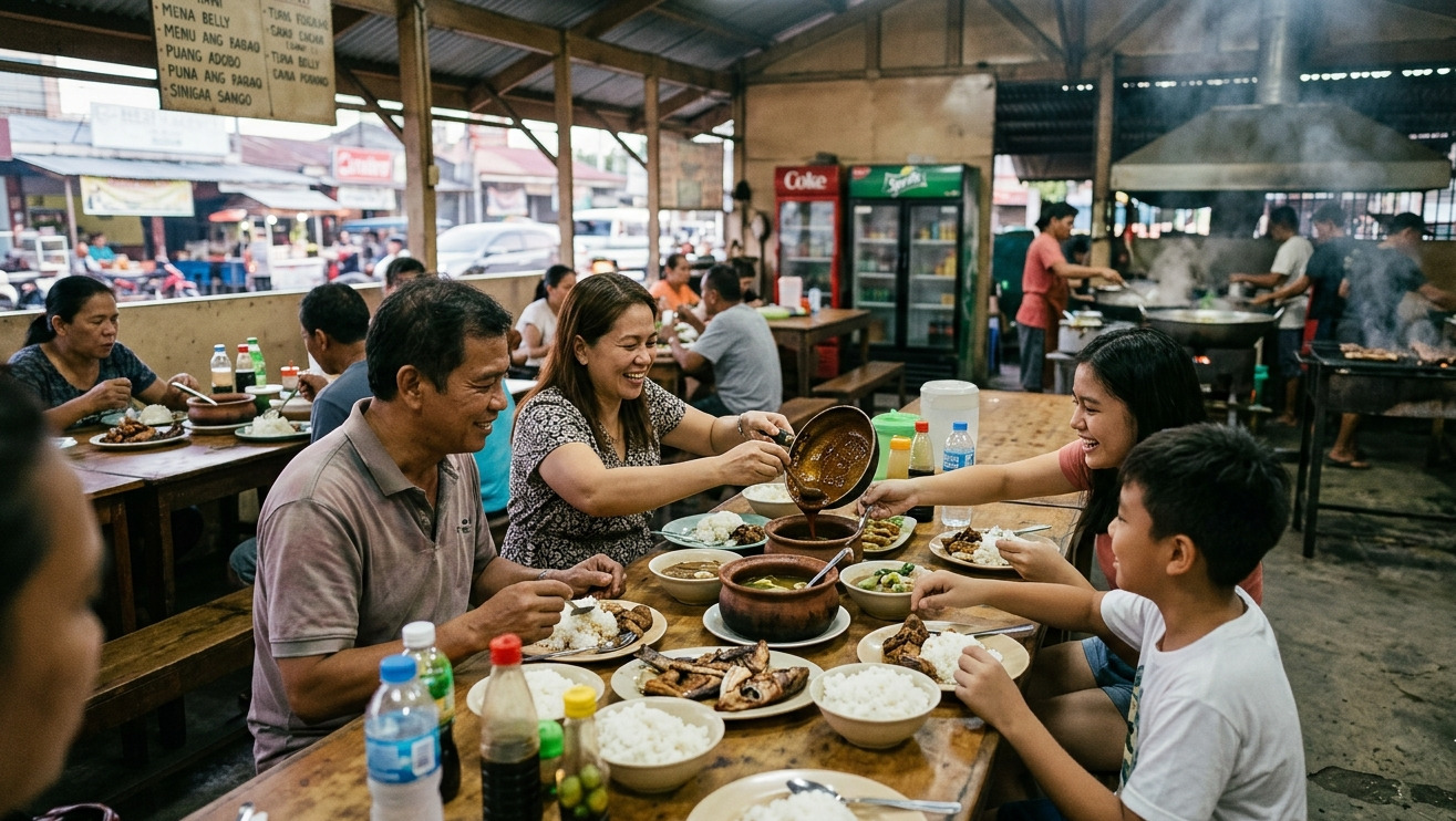 A family sharing a traditional comfort meal at a local carinderia in GenSan, highlighting the lasting appeal of familiar flavors.