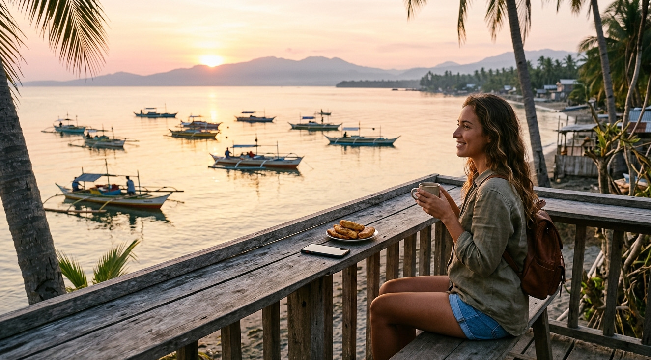 A tourist enjoys coffee on a balcony at sunrise In General Santos.