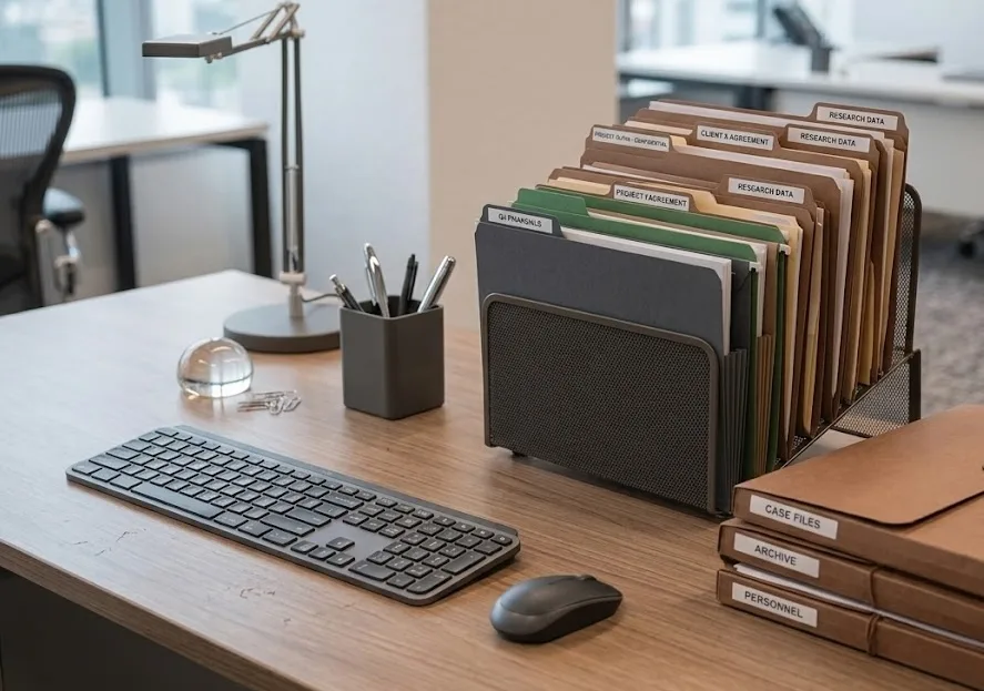An office table set up with records.