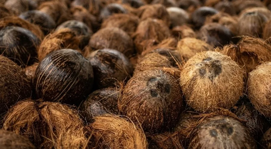 A pile of coconuts to be sold and cooked into copra.