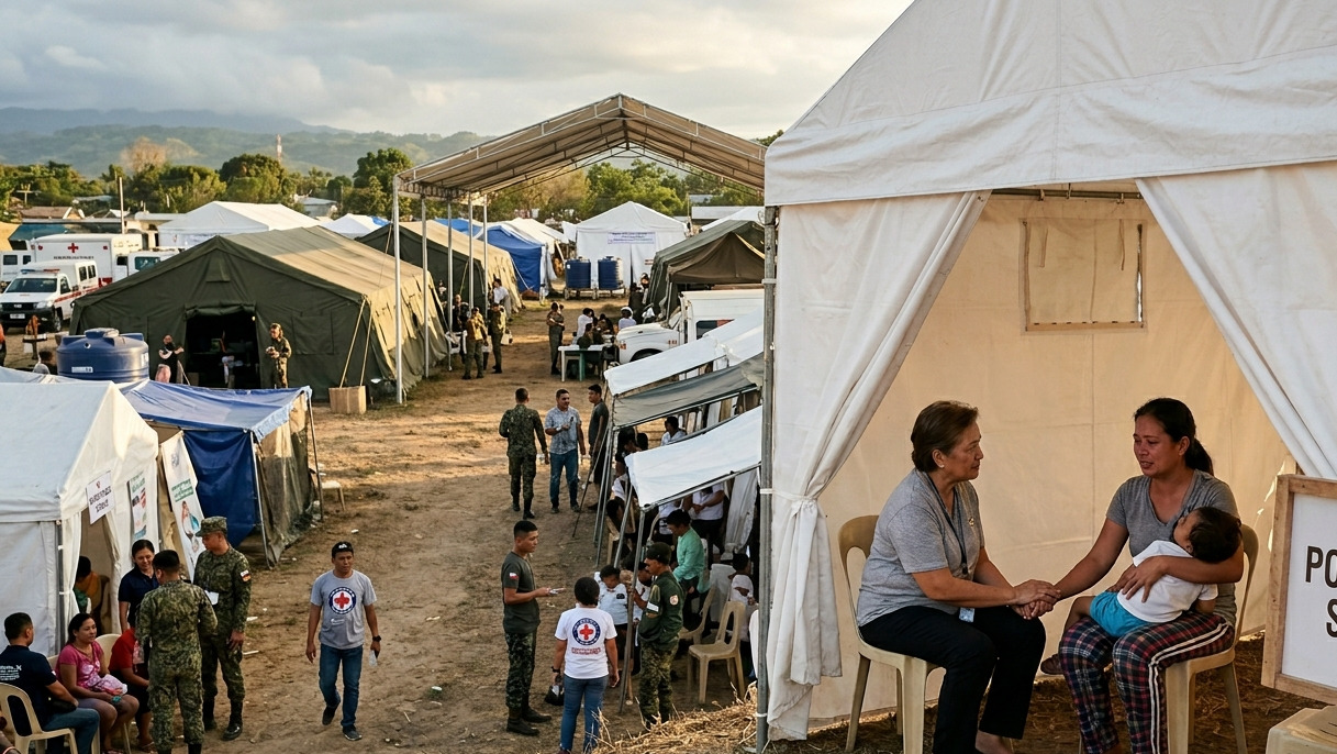 A community member receives counseling at a temporary post-quake support facility, emphasizing the importance of mental health care in disaster recovery efforts.