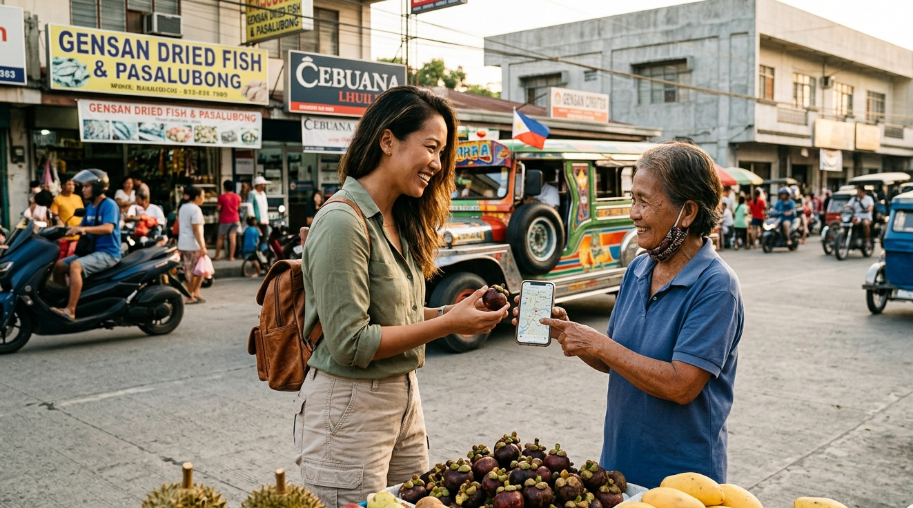 Tourist interacting with a local vendor in GenSan street market.