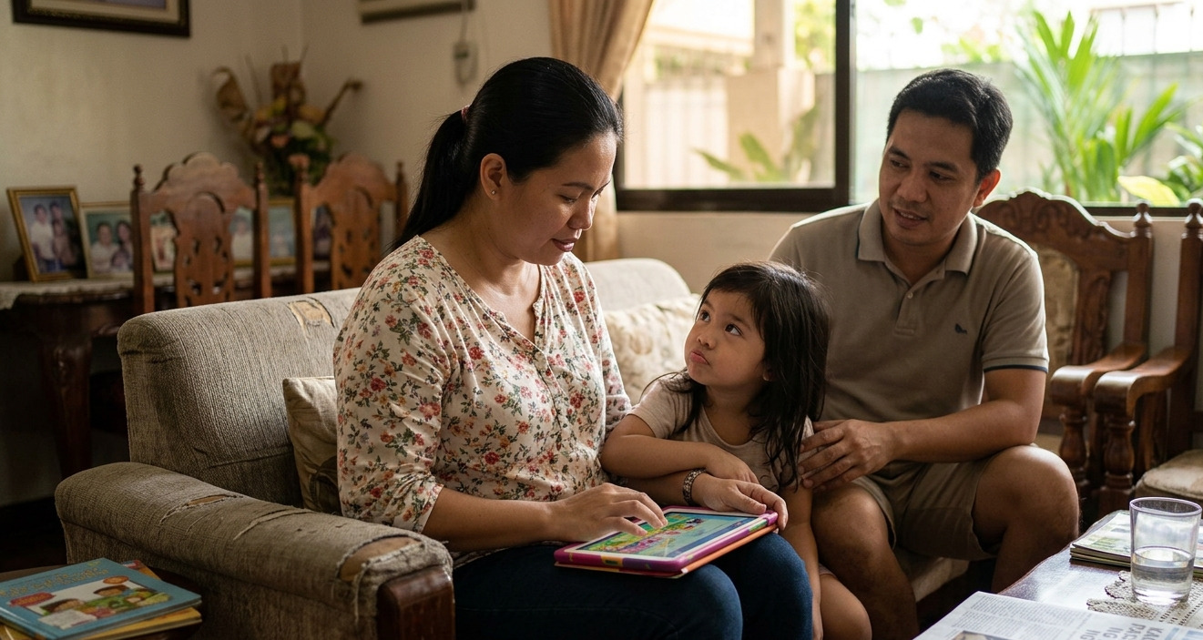 A Filipino family discussing healthy digital habits at home.