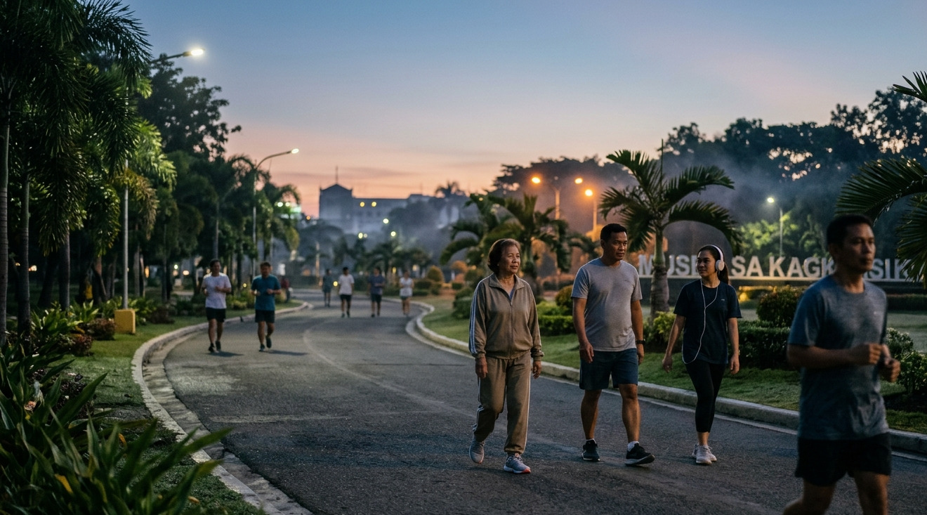 Residents enjoying a peaceful early morning walk and light exercise in General Santos City.