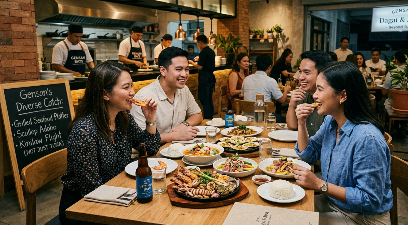 Diners in GenSan enjoying a diverse seafood spread that moves beyond traditional tuna dishes.