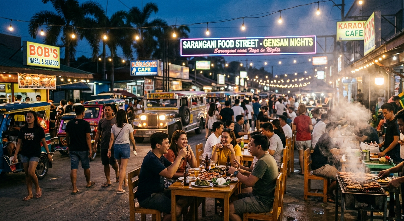 A lively night market and outdoor dining scene in General Santos City.