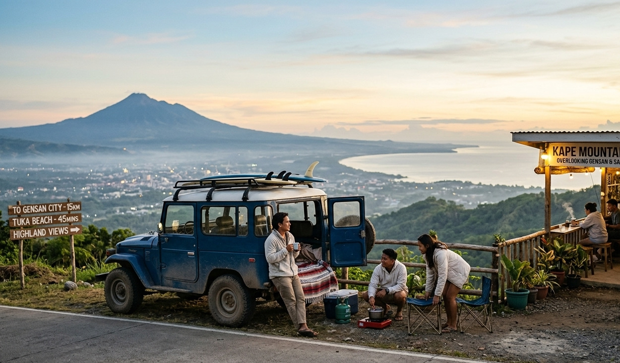 Travelers enjoy a quiet moment at a hillside café overlooking Sarangani Bay