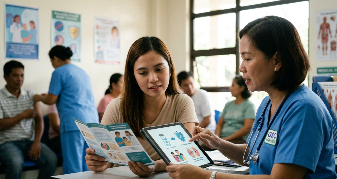 A nurse educates a patient using a health pamphlet and tablet in a public clinic setting.
