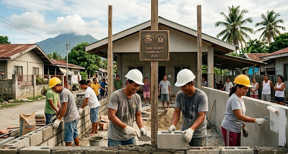 Members of the San Isidro community work together on a construction project.