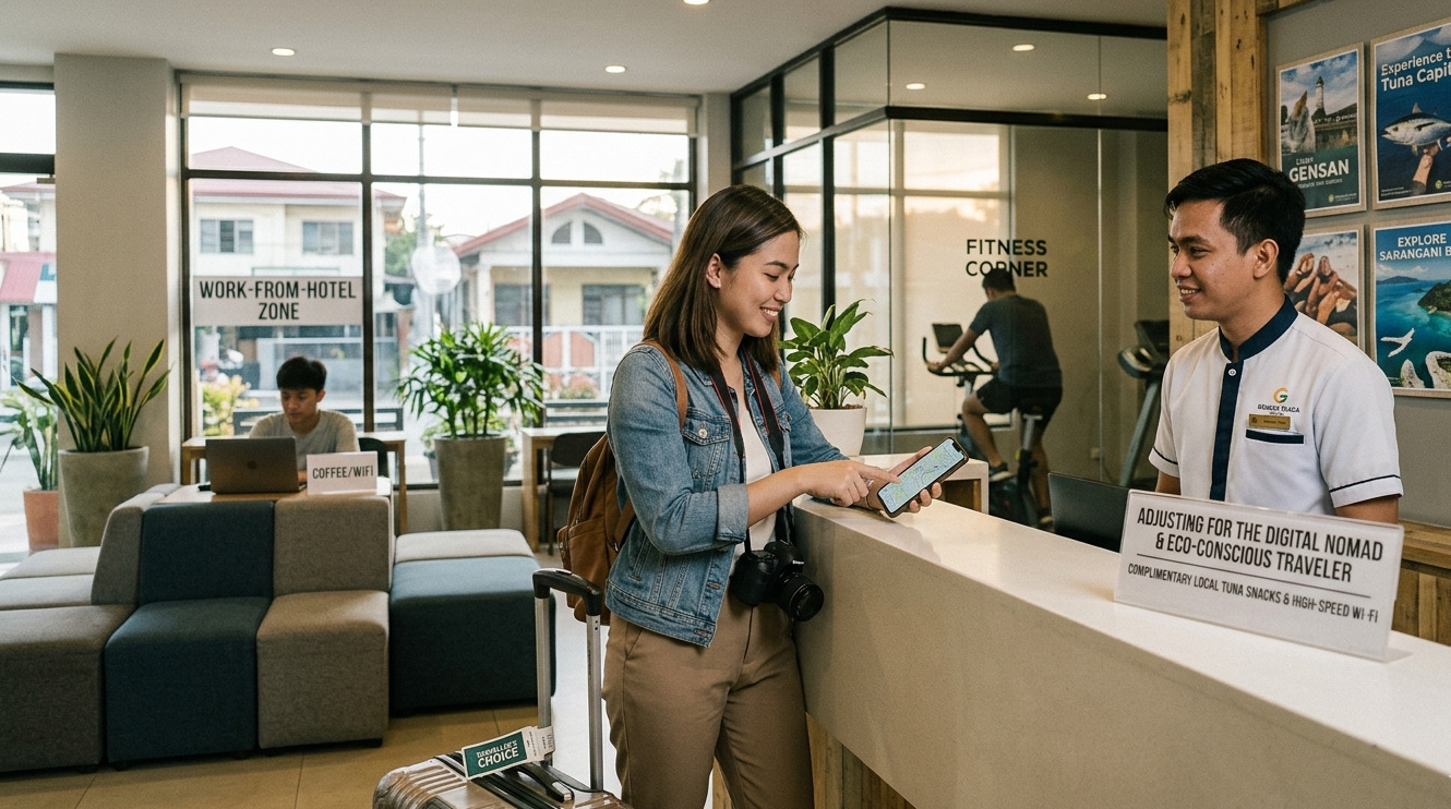 A female traveler checks in at a modern hotel lobby in General Santos City.