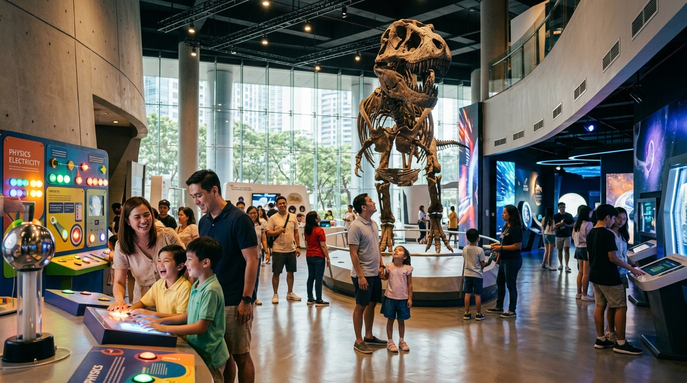 Families and tourists exploring interactive science exhibits, dinosaur displays, and futuristic galleries inside The Mind Museum in Bonifacio Global City