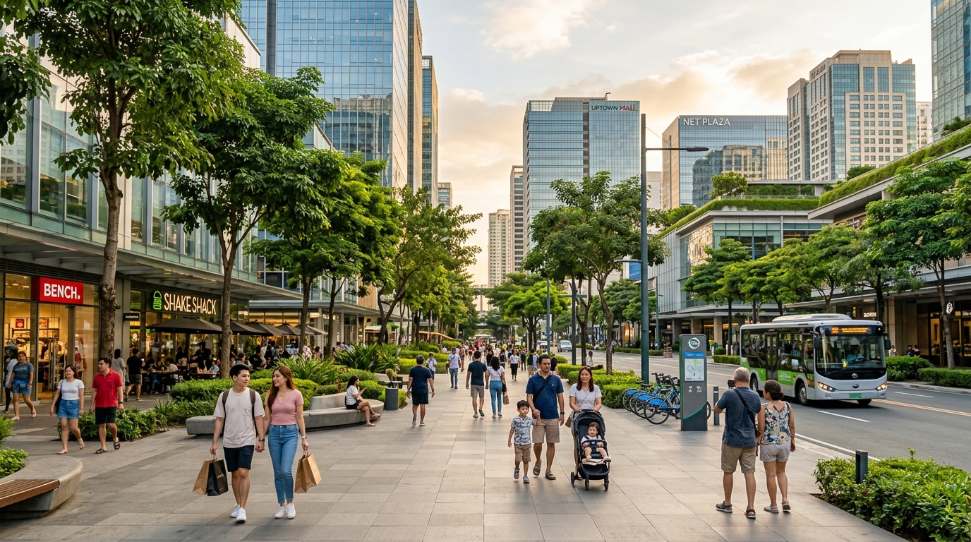 Pedestrians enjoy the walkable streets of Bonifacio High Street in BGC