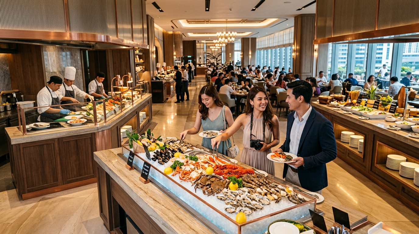 Tourists exploring seafood stations, luxury buffet counters, and elegant dining interiors inside Niu by Vikings in Bonifacio Global City