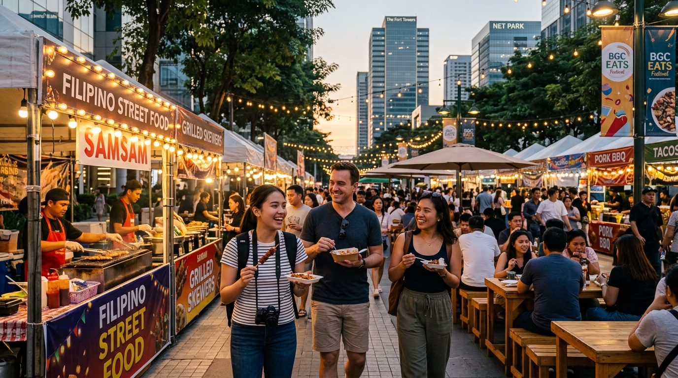 Tourists exploring food festival stalls and outdoor dining events in Bonifacio Global City