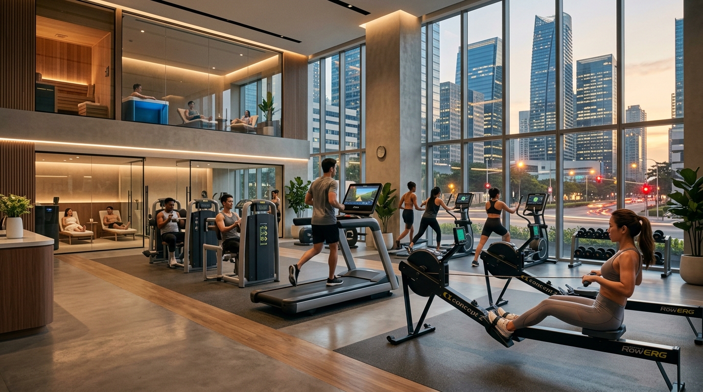 People working out inside futuristic gyms with smart fitness equipment, wellness recovery rooms, and luxury urban fitness interiors in Bonifacio Global City