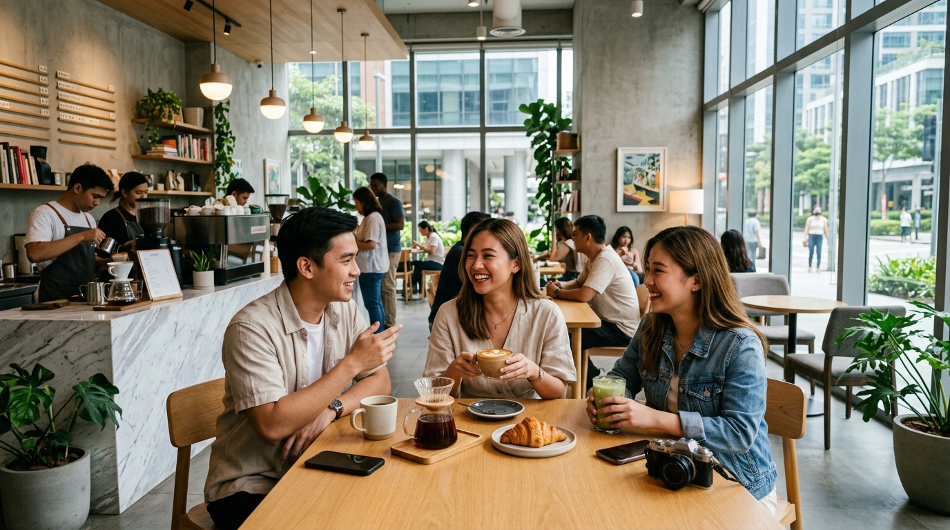 Young tourists café hopping inside aesthetic coffee shops with modern interiors and specialty drinks in Bonifacio Global City