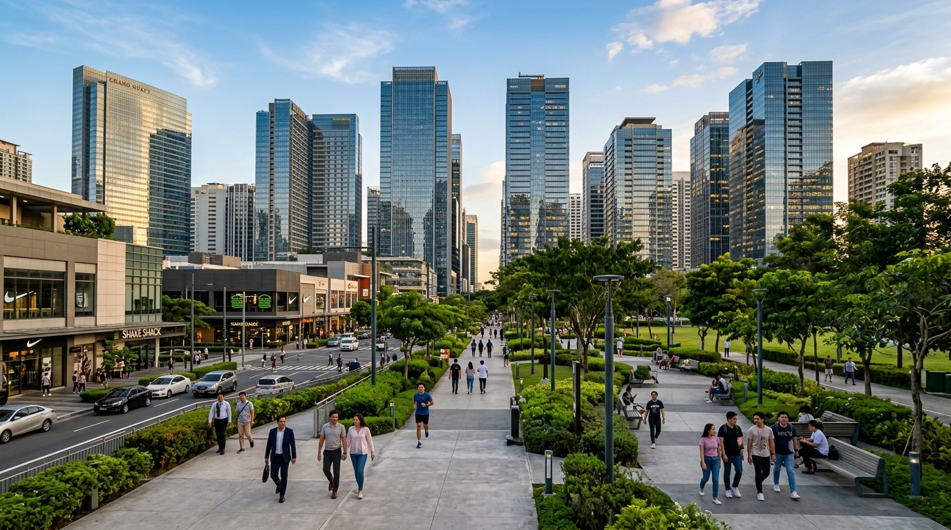 Modern skyline of Bonifacio Global City in Taguig featuring skyscrapers, business districts, pedestrian walkways, parks, and urban lifestyle scenes showing its status as a top-tier business and tourism hub in Metro Manila.