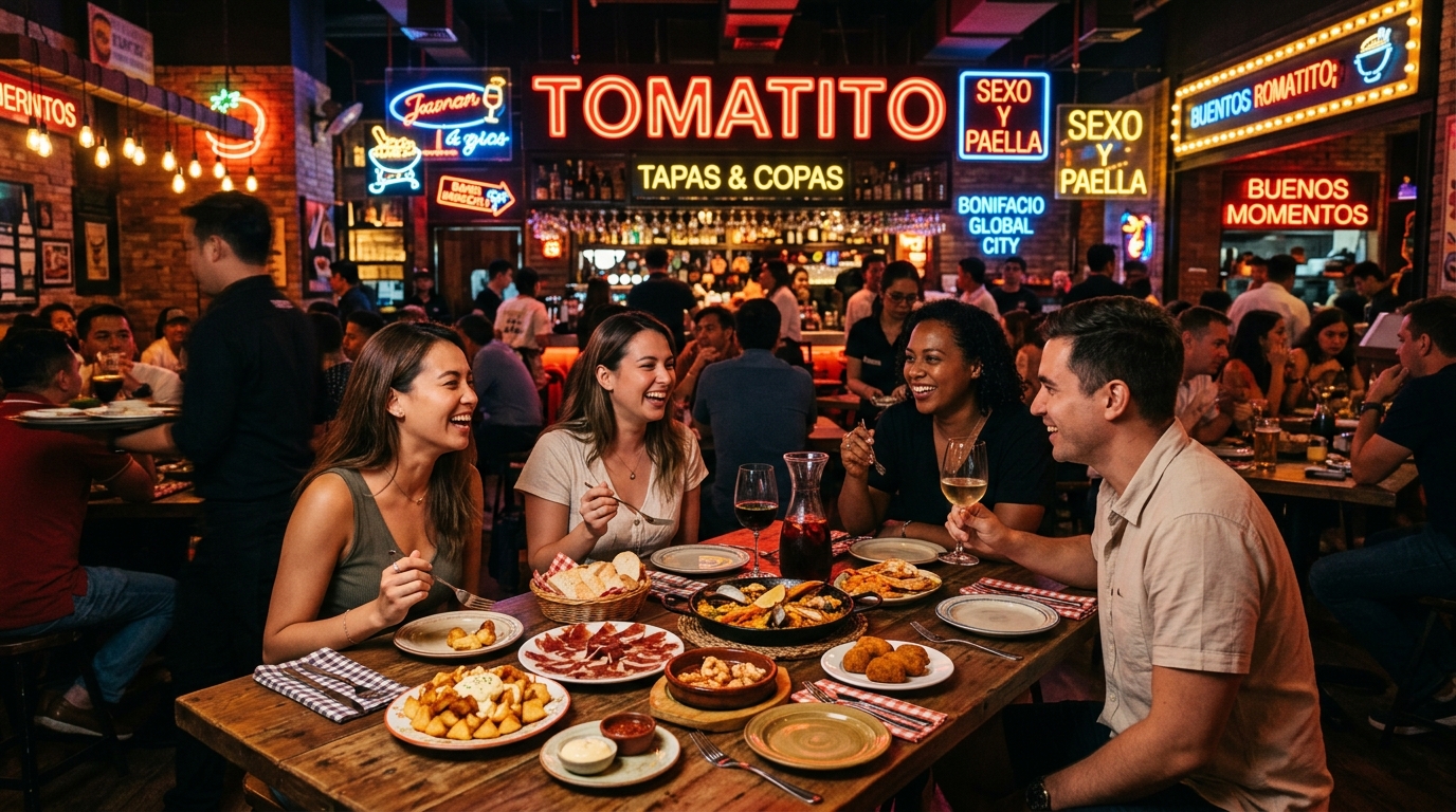 Tourists dining inside the neon-lit interiors of Tomatito restaurant surrounded by Spanish tapas dishes and nightlife atmosphere in Bonifacio Global City