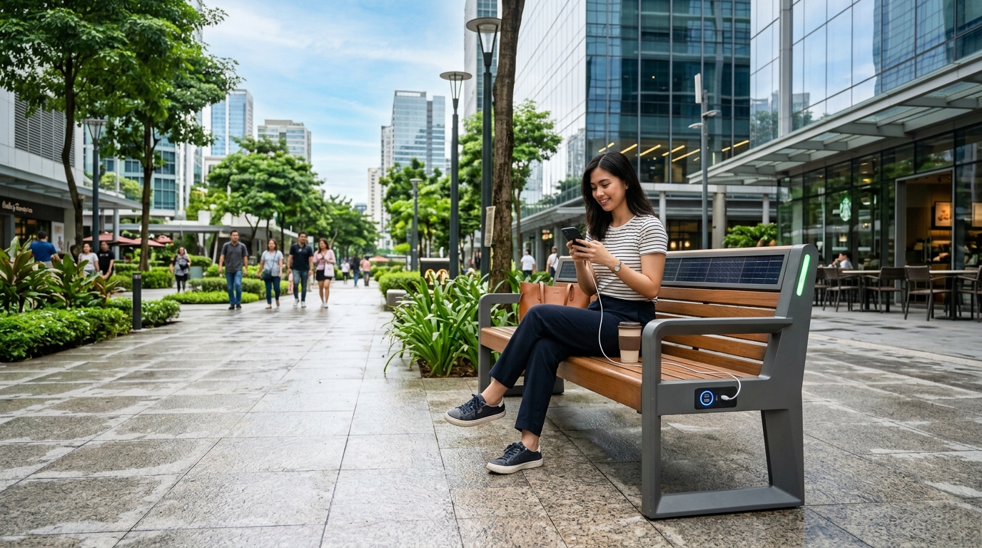 Modern smart bench with charging ports in BGC