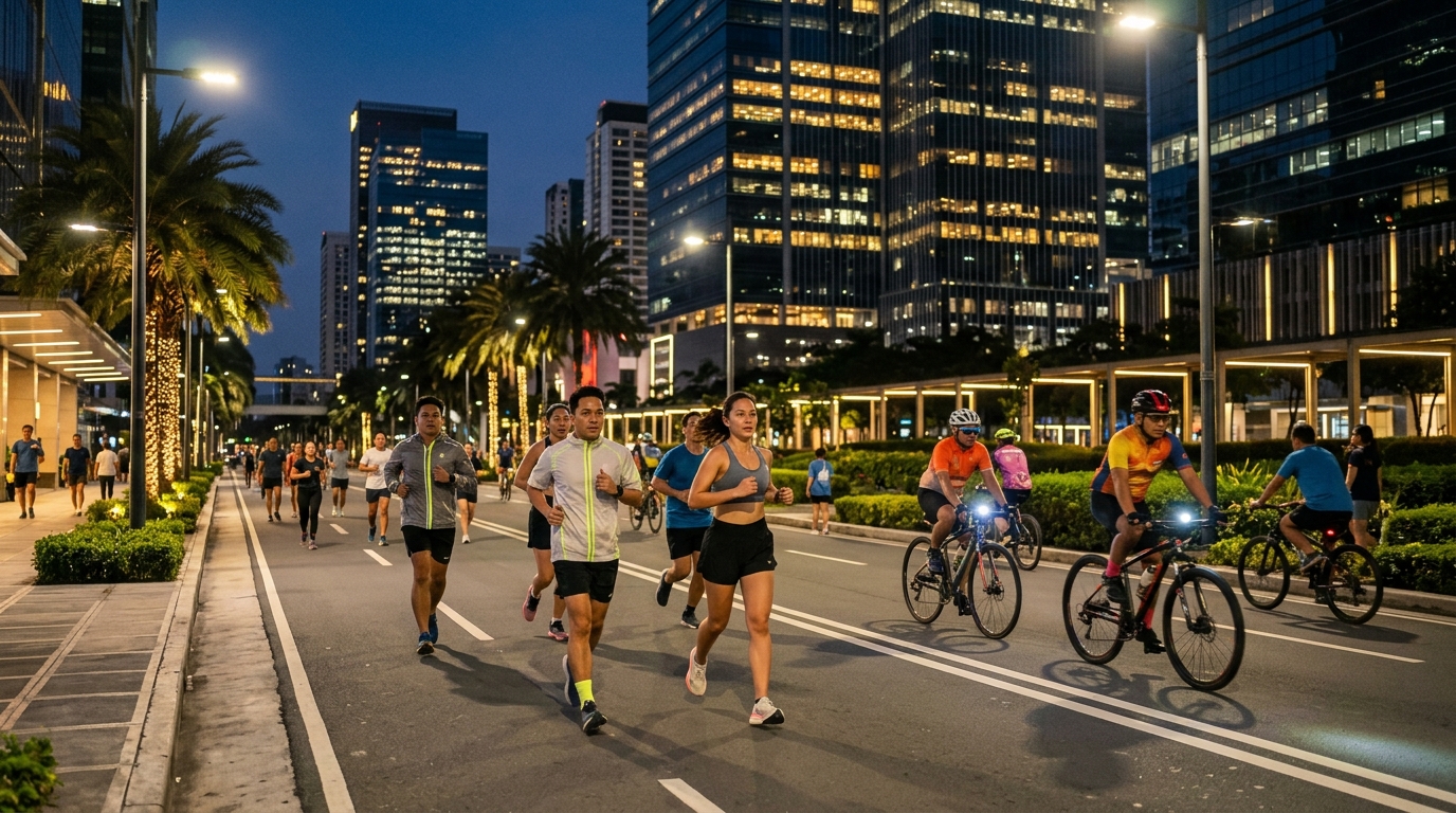 People jogging, cycling, and participating in nighttime fitness activities in Bonifacio Global City