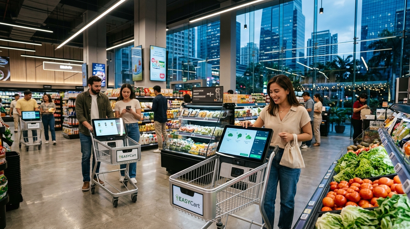 People using smart shopping carts and digital grocery systems inside futuristic supermarkets in Bonifacio Global City
