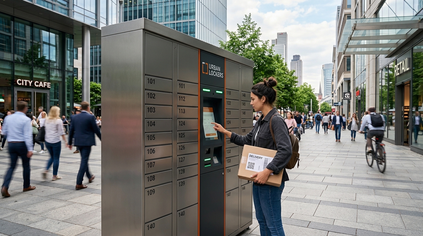 Digital locker station in a modern city environment