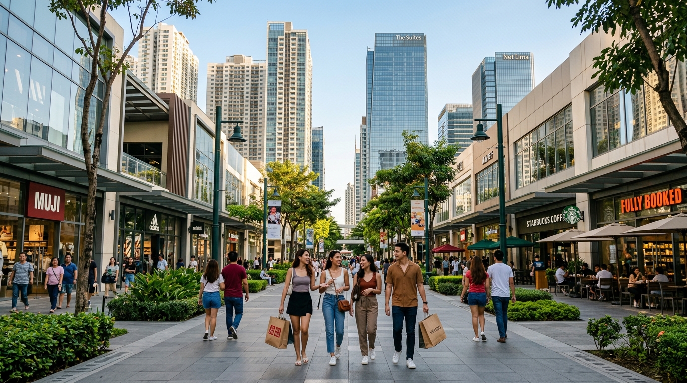 Tourists walking through Bonifacio High Street surrounded by shops, cafés, and skyline views in BGC