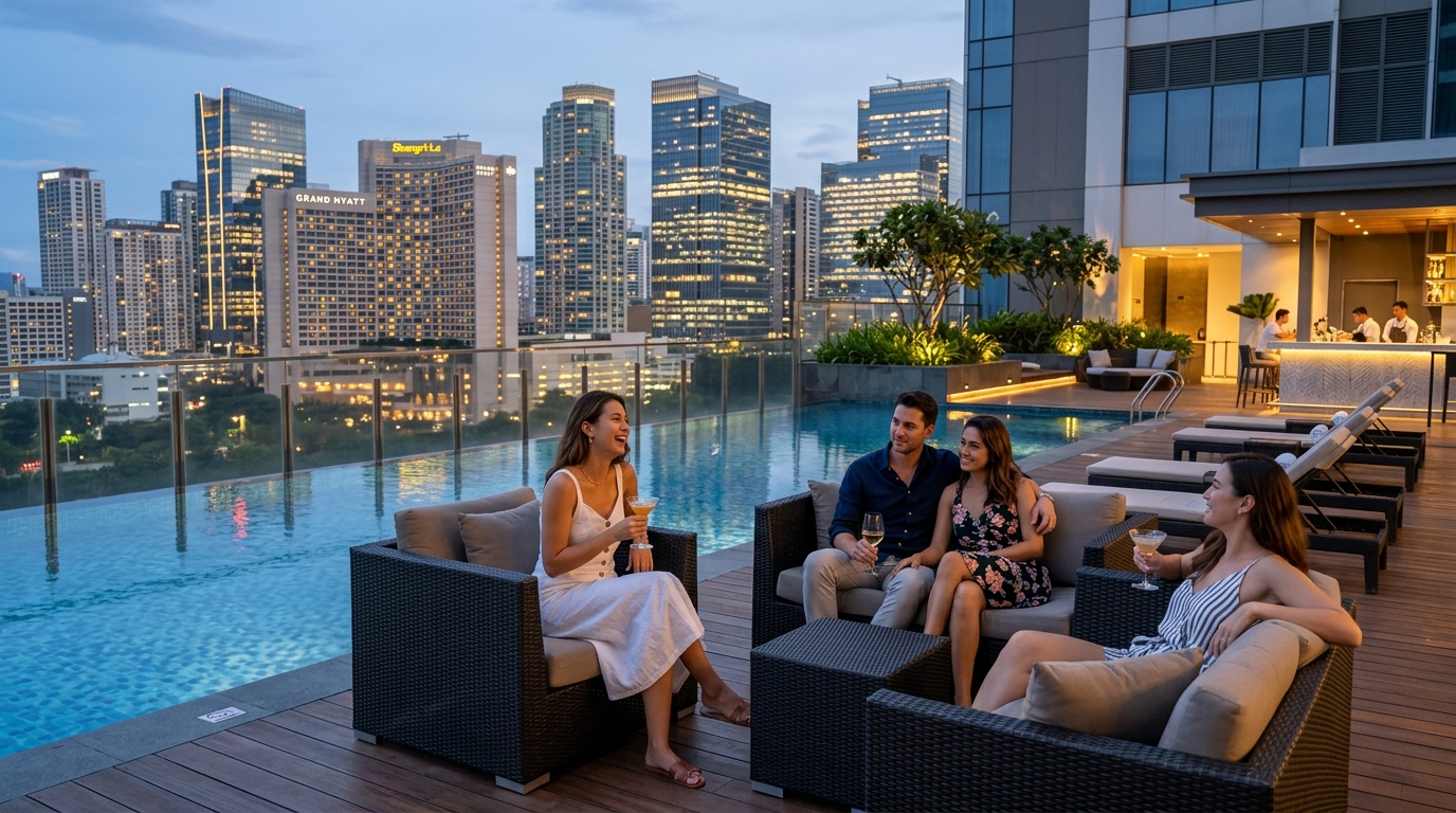 Tourists relaxing inside luxury staycation hotels with rooftop pools, skyline lounges, spa areas, and modern city views in Taguig and Bonifacio Global City