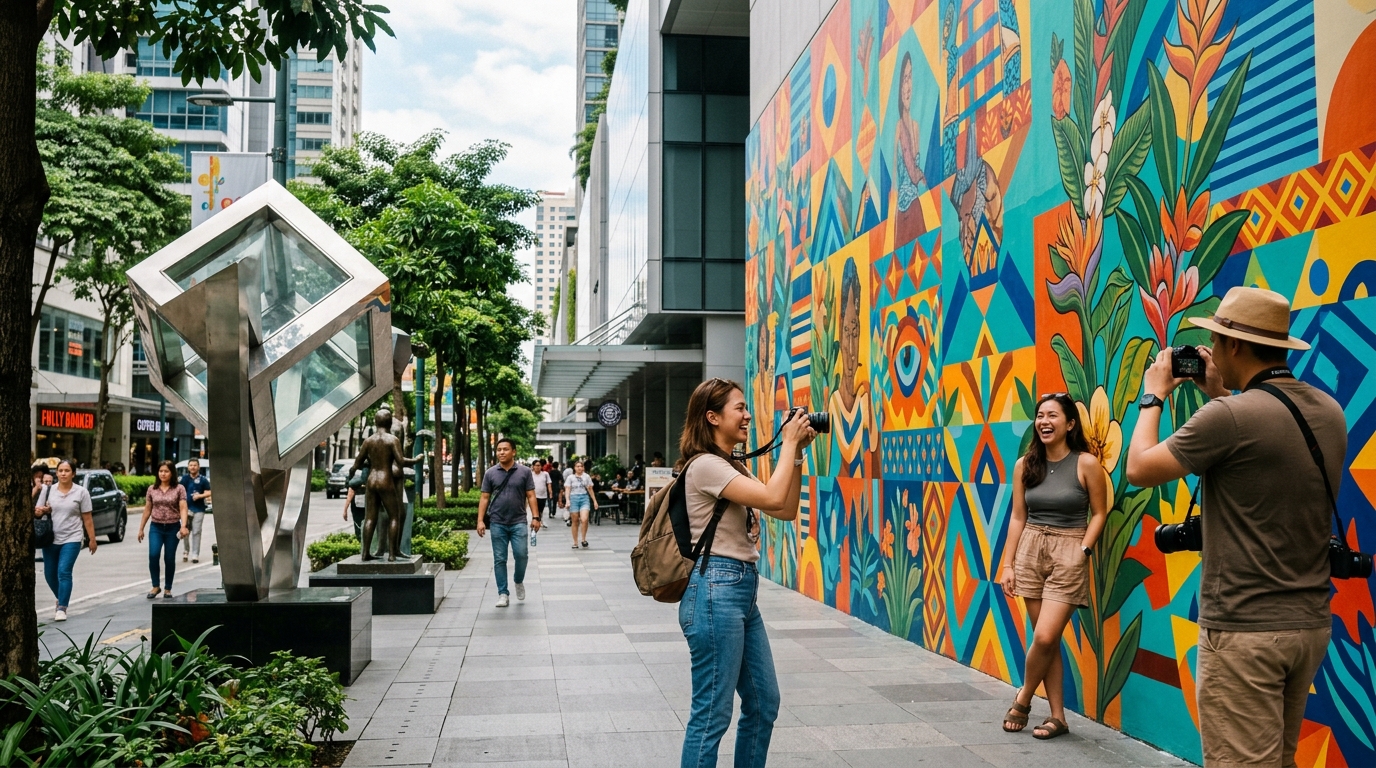 Tourists taking photographs beside colorful murals, sculptures, and modern public art installations throughout Bonifacio Global City