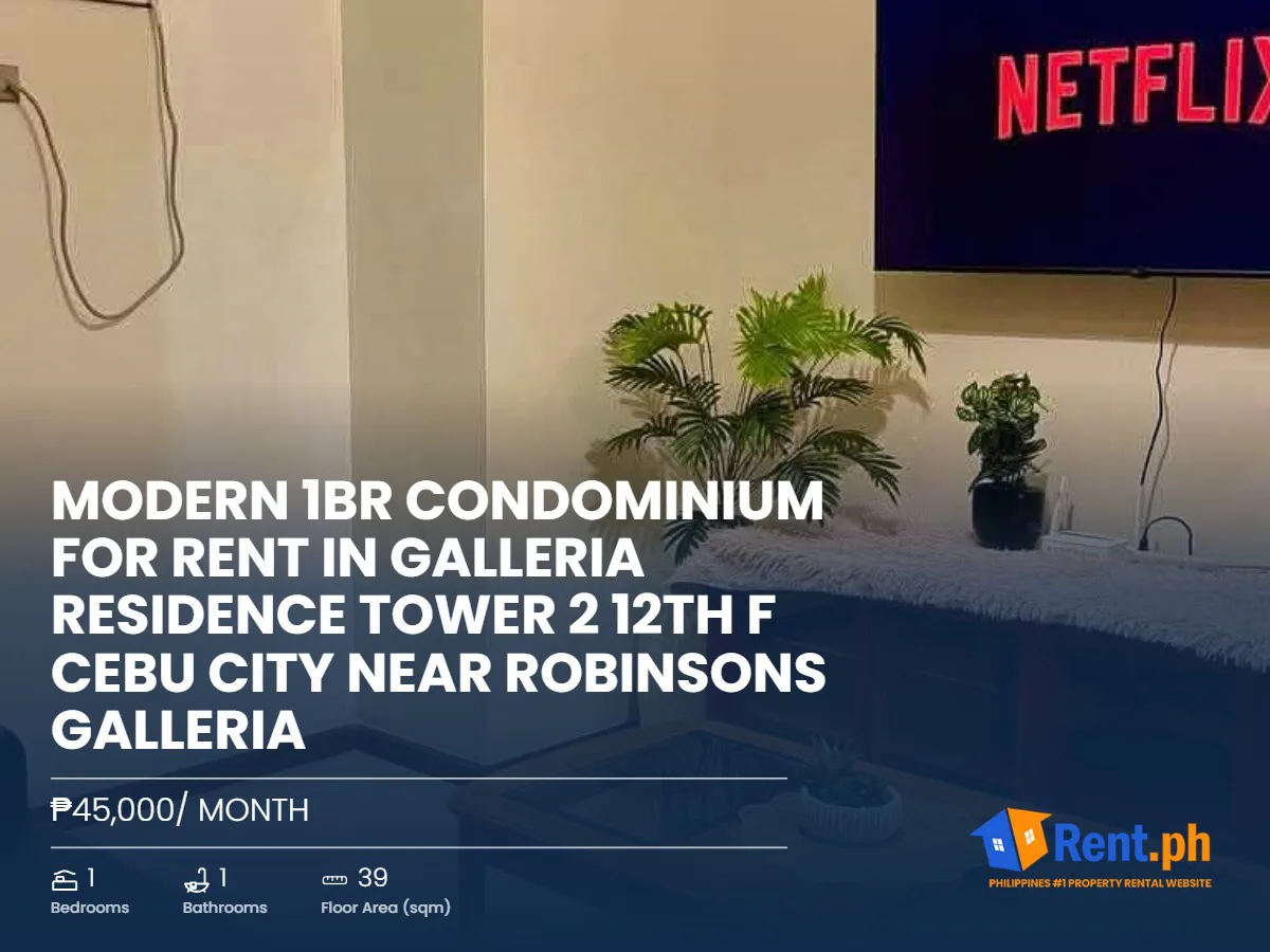 Modern 1BR Condominium For Rent in Galleria Residence Tower 2 12th F Cebu City near Robinsons Galleria